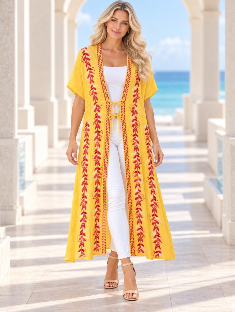 Curations Sunshine Yellow Embroidered Kimono Duster Cover-Up